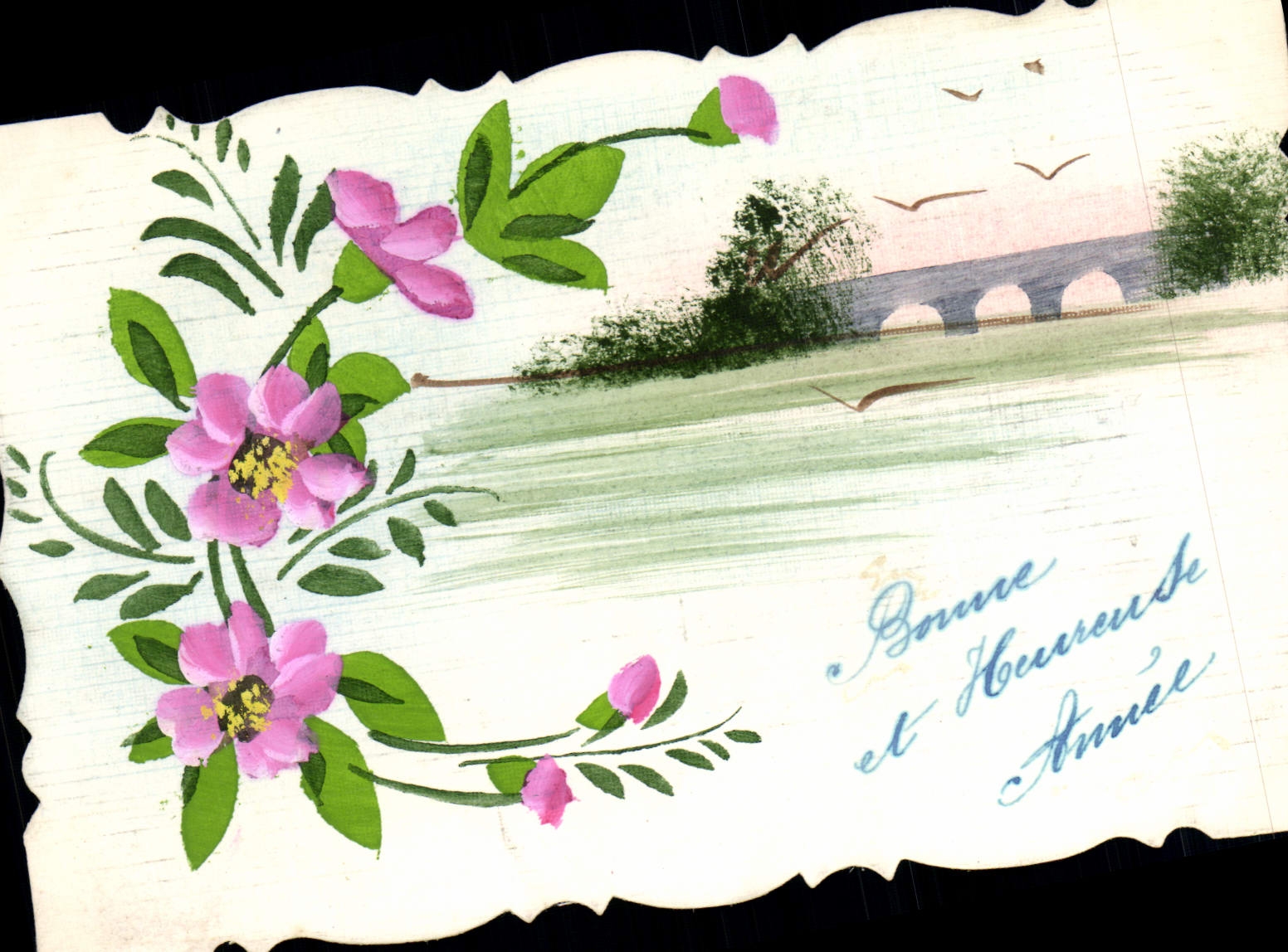 CPA Bonne Annee Fleurs (dessin a la main)
