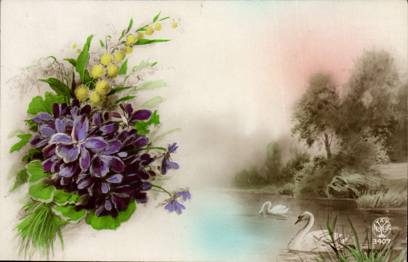CPA Fantaisie Fleurs Cygne 