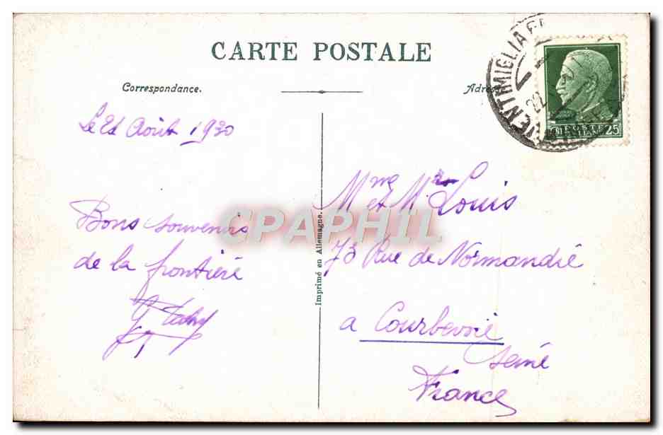 CPA Grimaldi Ventimiglia Ponte San Luigi Frontiera Italiana Douanes — Rückseite