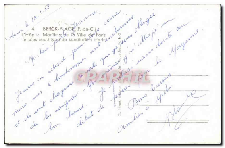 CPM Berck Plage L'Hopital Maritimede la Ville de Paris — Rückseite