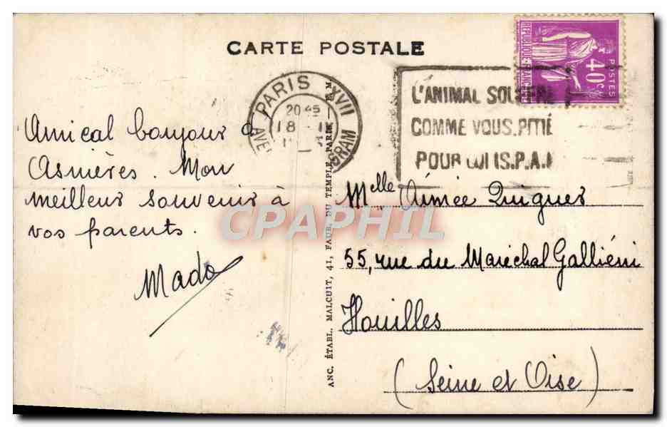Asnières — L'Hôtel de Ville et les Jardins — EM — Verso