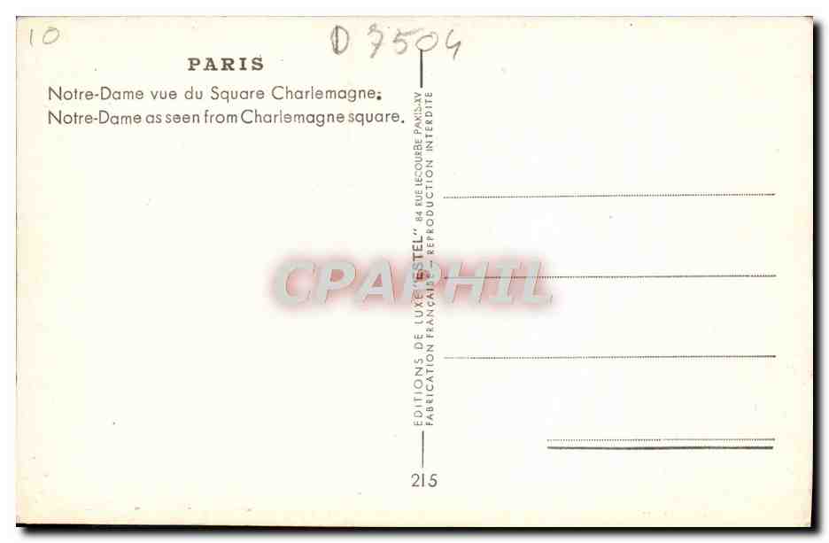 CPM Paris Notre Dame Vue Du Square Charlemagne — Verso