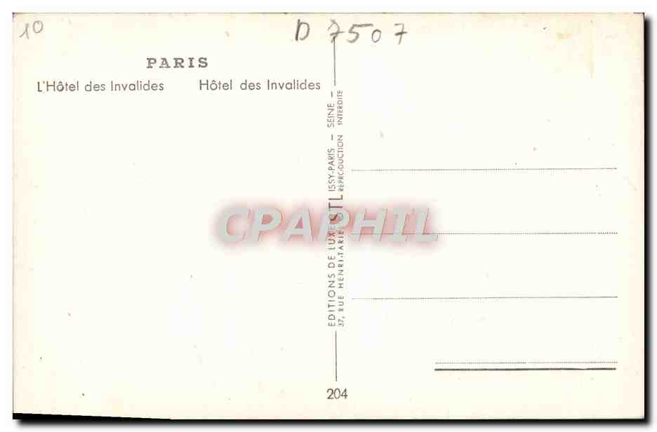 CPA Paris L'Hotel Des Invalides — Verso