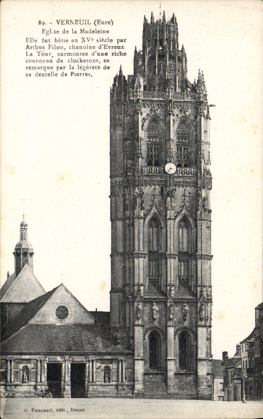 Verneuil (Eure) — Église de la Madeleine avec son clocher gothique — ti Foncanil, édit. Dreux