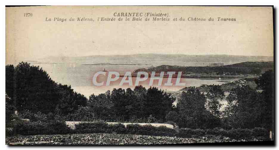 CPA Carantec La Plage Du Kelenn I'Entree De La Baie De Morlaix et du chateau du Taureau