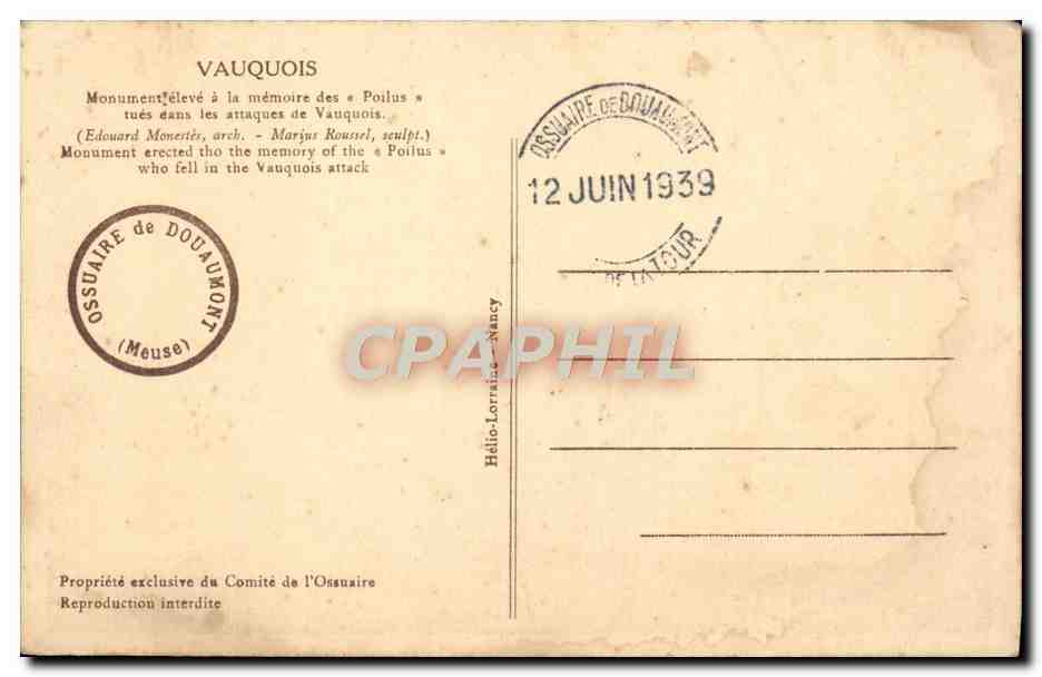 CPA Vauquois Monument Eleve A La Memoire Des Poilus Militaria — Rückseite