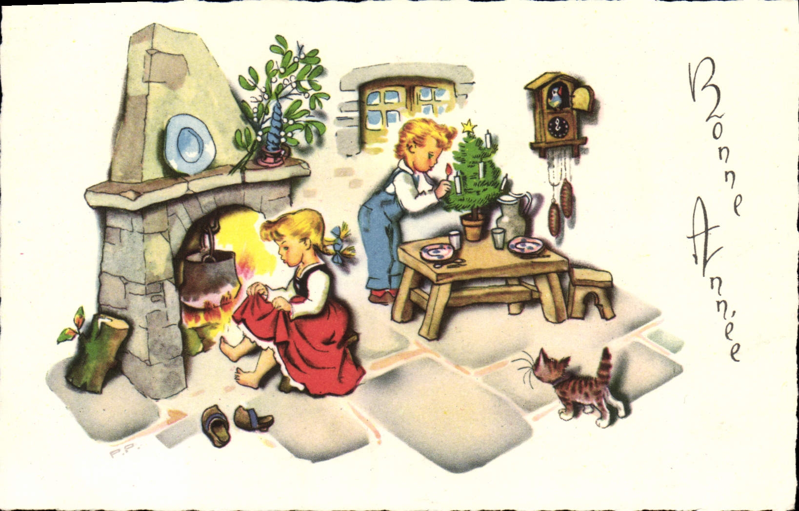 CPA Fantaisie Enfants Bonne Annee Chat