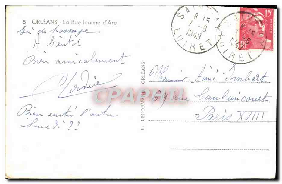 CPA Orleans La Rue Jeanne d'Arc — Verso