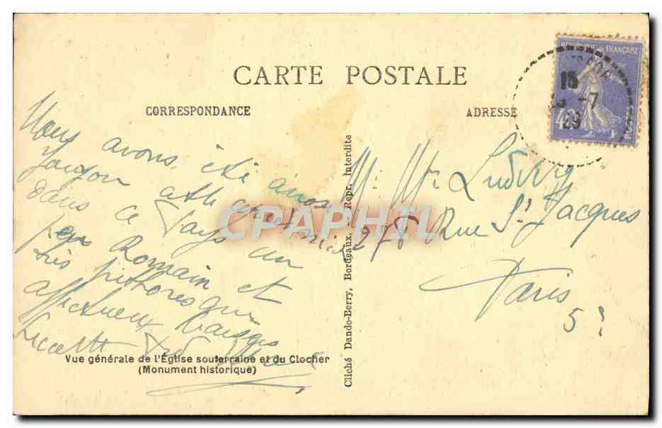 CPA Saint Emilion Vue generale de l'eglise souterraine et du clocher  — Rückseite