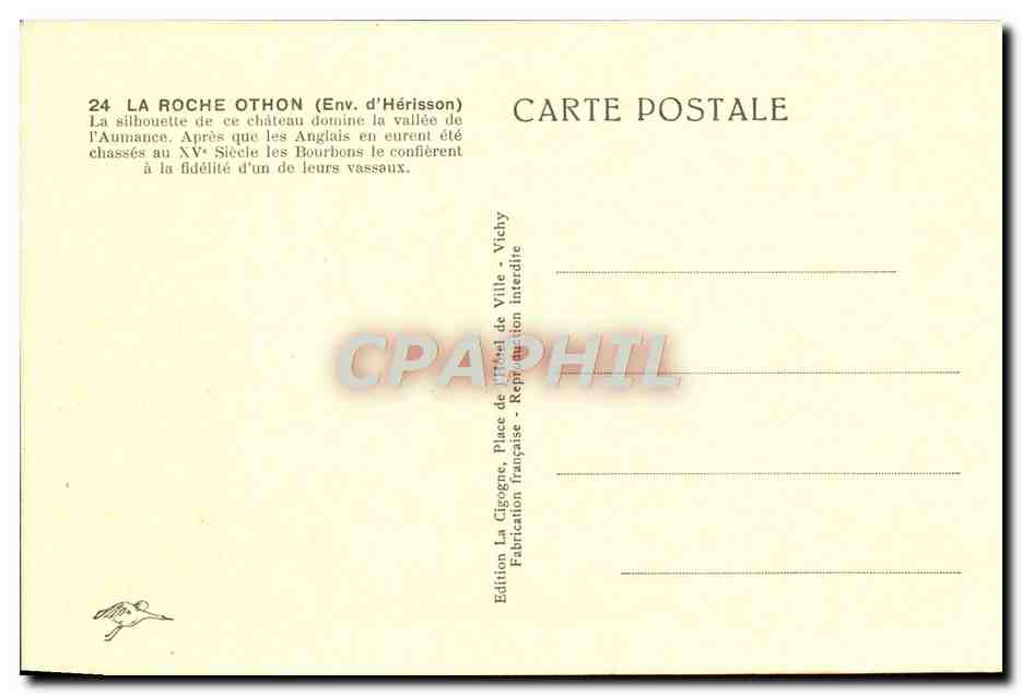 Château de La Roche Othon — Env. d'Hérisson — Édition La Cigogne, Vichy — Rückseite