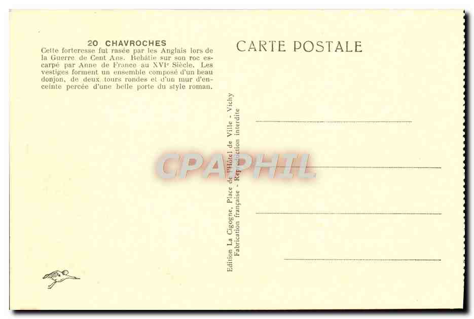 Château de Chavroches — vue du château sur son roc — Édition La Gigogne, Vichy — Back