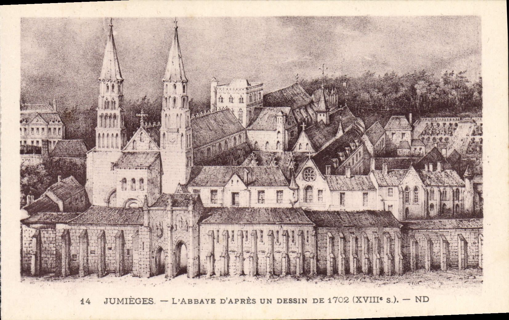 Jumièges — L'Abbaye d'après un dessin de 1702 (XVIIIe s.) — ND