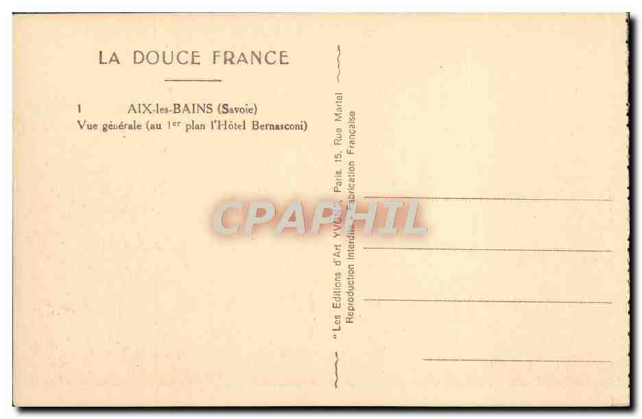 CPA Aix Les Bains Vue Generale au 1er plan l'hotel Bernasconi — Rückseite