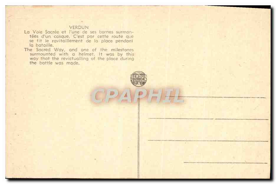 Verdun — Voie Sacrée avec borne surmontée d'un casque — Éditions Verdun — Achterkant