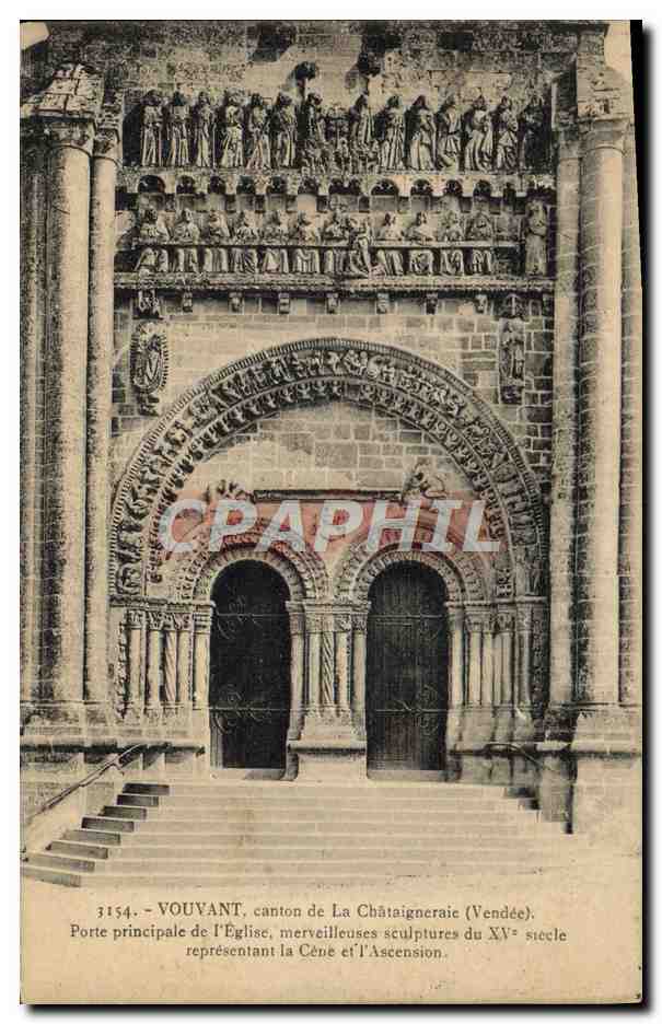 Vouvant, canton de La Châtaigneraie (Vendée) — Porte principale de l'église, sculptures du XVème siècle représentant la Cène et l'Ascension — éditeur non identifié, n° 3154