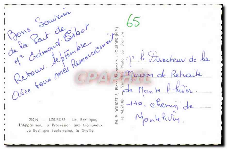 CPM Lourdes Souvenir — Verso