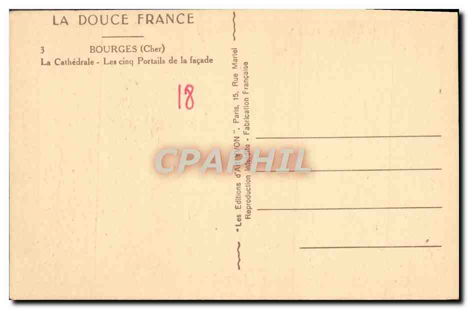 CPA Bourges La Cathedrale Les Cinq Portails de la Facade — Rückseite