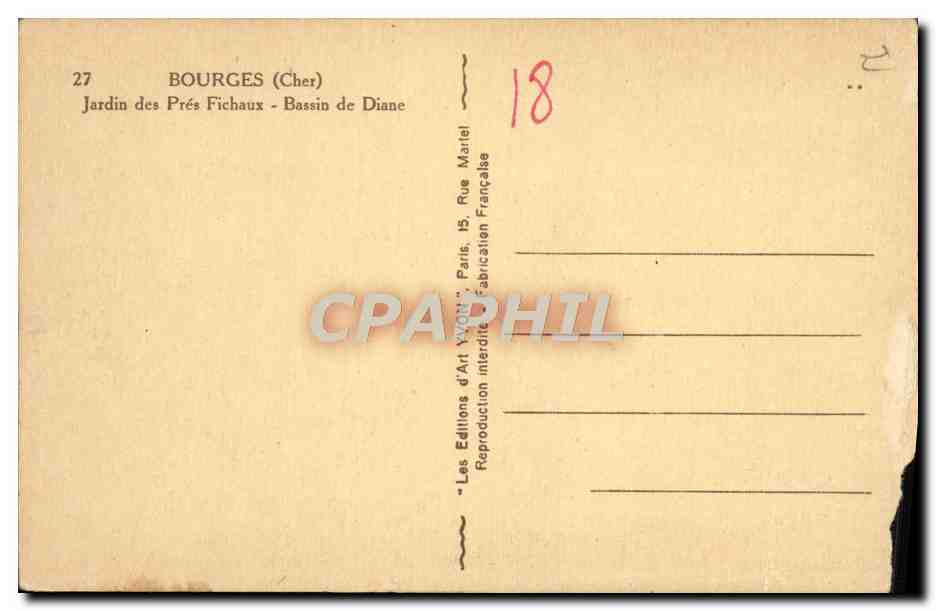 Bourges (Cher) — Jardin des Prés Fichaux - Bassin de Diane — Éditions d'Art Yvon — Verso