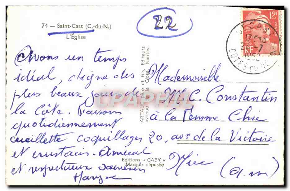 Église de Saint-Cast (Côtes-d'Armor) — vue de l'édifice avec clocher à flèche — éditeur Saby — Reverso
