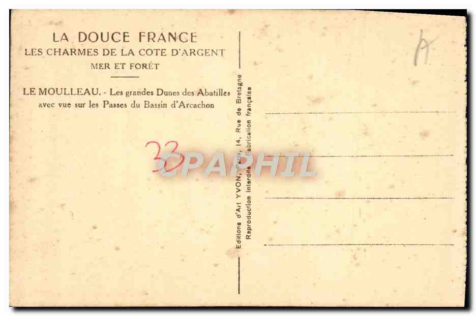 Les grandes Dunes des Abatilles — vue sur les Passes du Bassin d'Arcachon — Éditions d'Art YVON, Paris — Verso