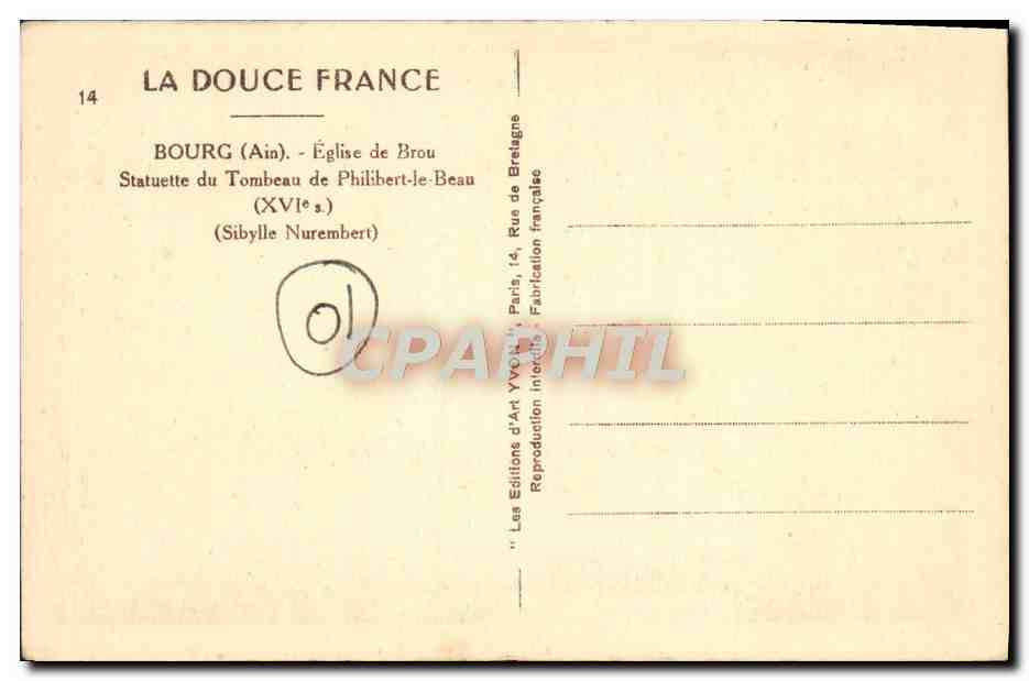 CPA Bourg Eglise de Brou Statuette du Tombeau de Philibert le Beau — Verso