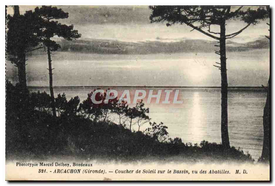 Arcachon (Gironde) — Coucher de Soleil sur le Bassin, vu des Abatilles — Phototypie Marcel Delboy, Bordeaux, n° 324