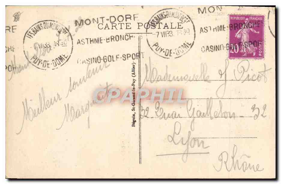 CPA Le Mont Dore Le Capucin — Verso