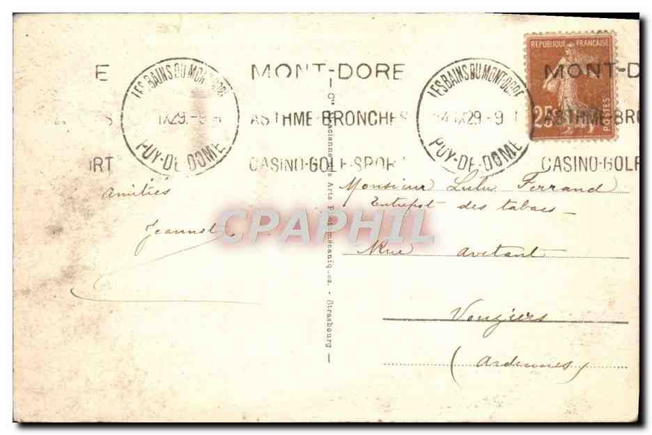 CPA Le Mont Dore Etablissement Thermal — Rückseite
