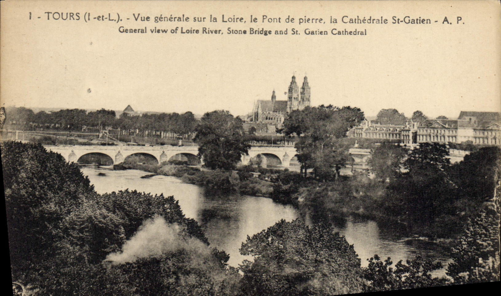 CPA Tours Vue generale sur la loire le pont de pierre la cathedrale St Gatien