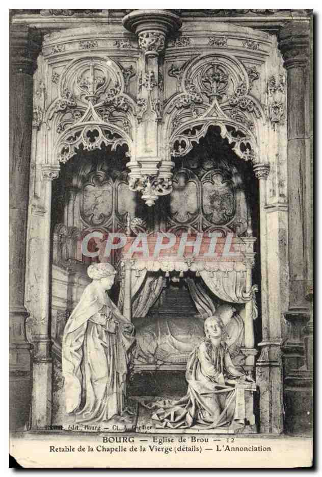 Tarjeta postal antigua Bourg Iglesia de Brou Retablo de la capilla de la Virgen La Anunciación