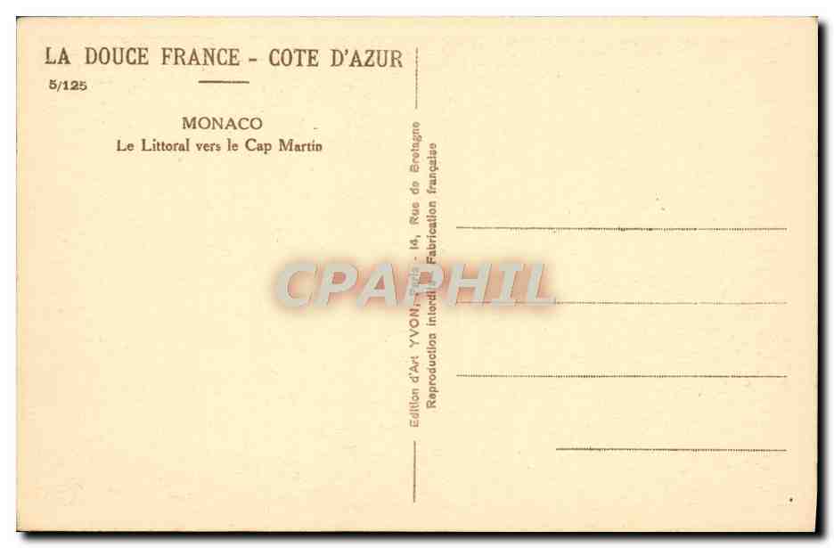 CPA Monaco La littoral vers le Cap Martin — Rückseite