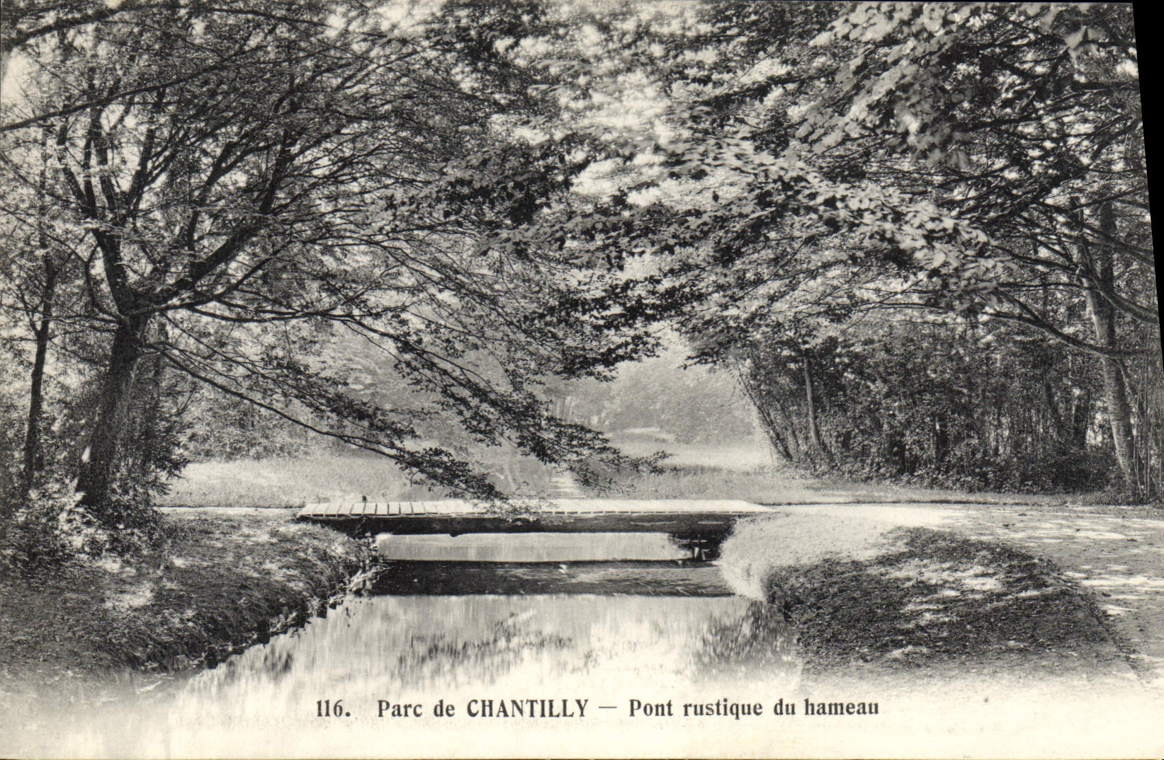 Parc de CHANTILLY — Pont rustique du hameau — Héliotypie Bourdier et Faucheux, Versailles, n°116