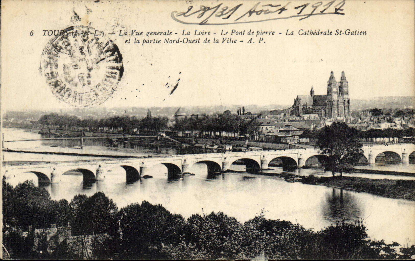 CPA Tours Vue generale La Loire le pont de pierre La cathedrale St Gatien