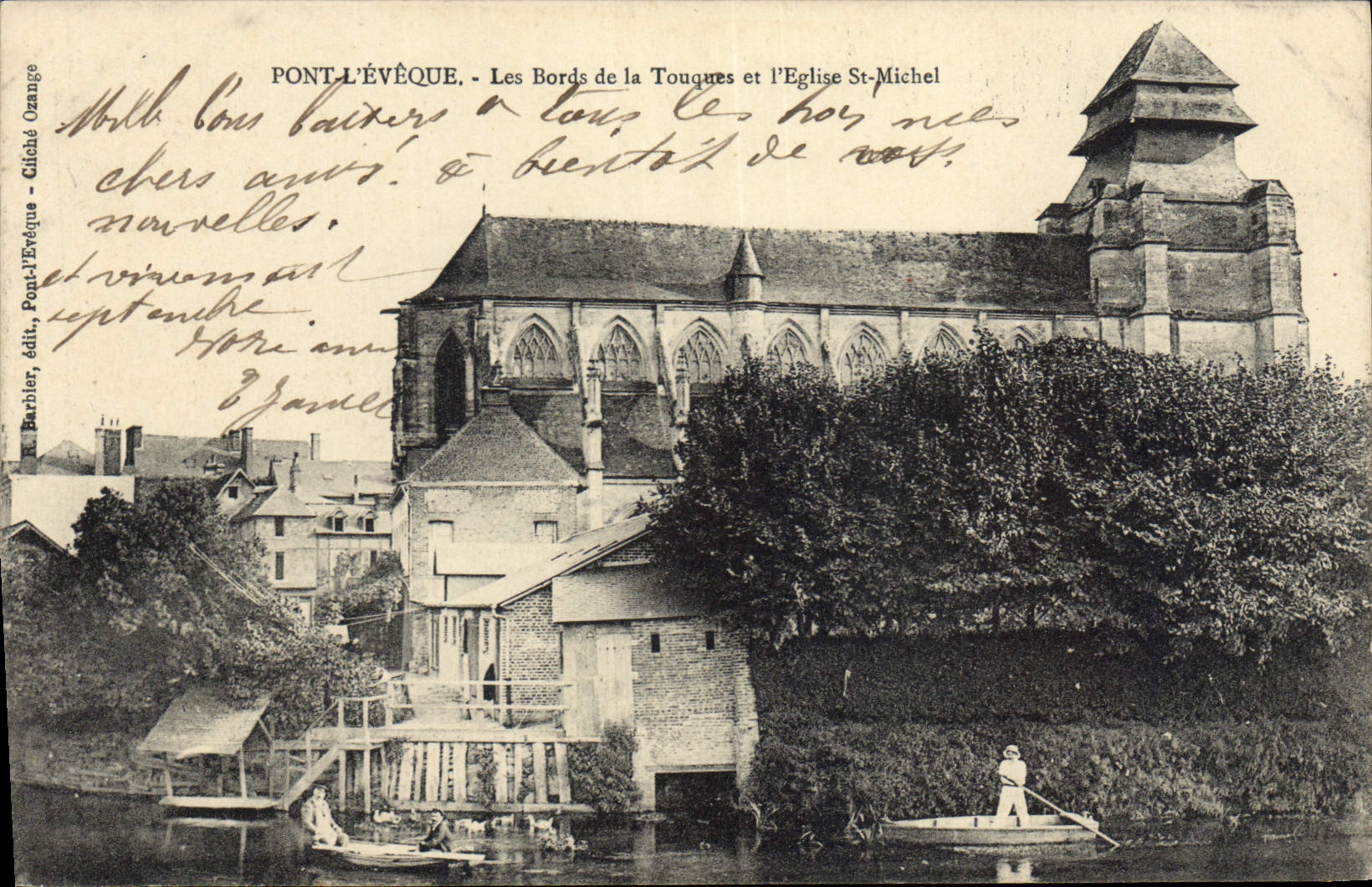 Pont-l'Évêque — Les Bords de la Touques et l'Église St-Michel — Barbier, édit. Pont-l'Évêque — Cliché Orange