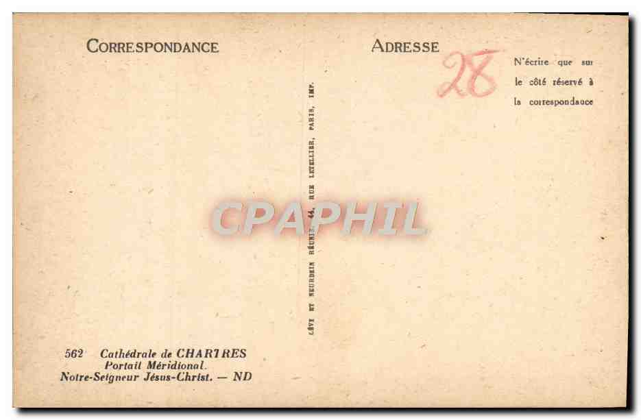 CPA Cathedrale de Chartres Portail meridional Notre Seigneur Jesus Christ — Verso