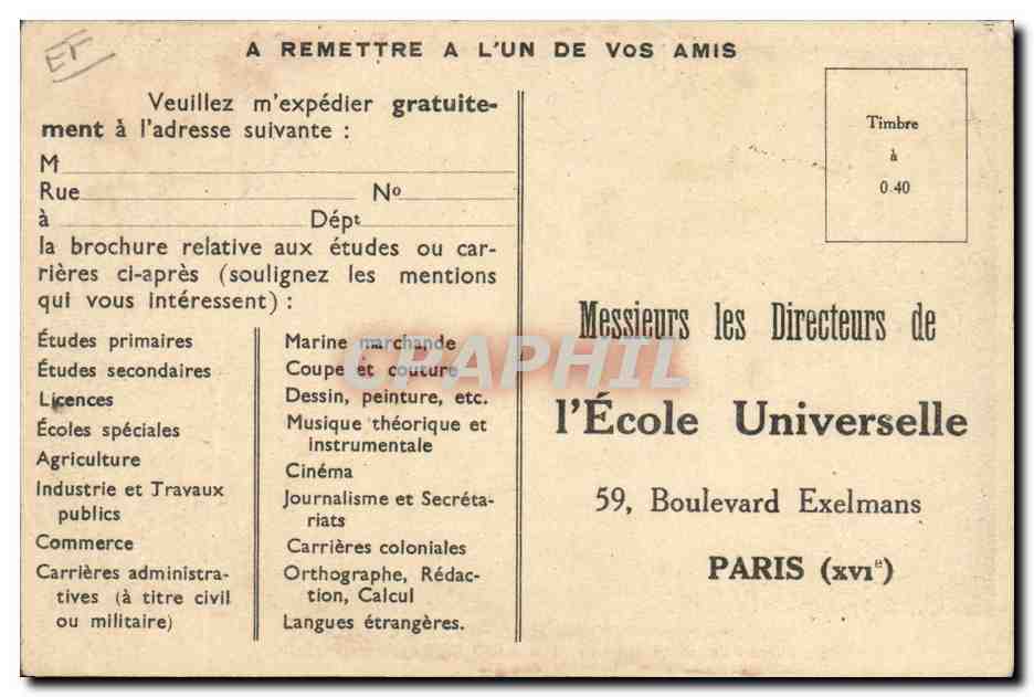Paris — École Universelle — Le bureau de poste spécial "Paris 100 A, Ecole Universelle" — Reverso