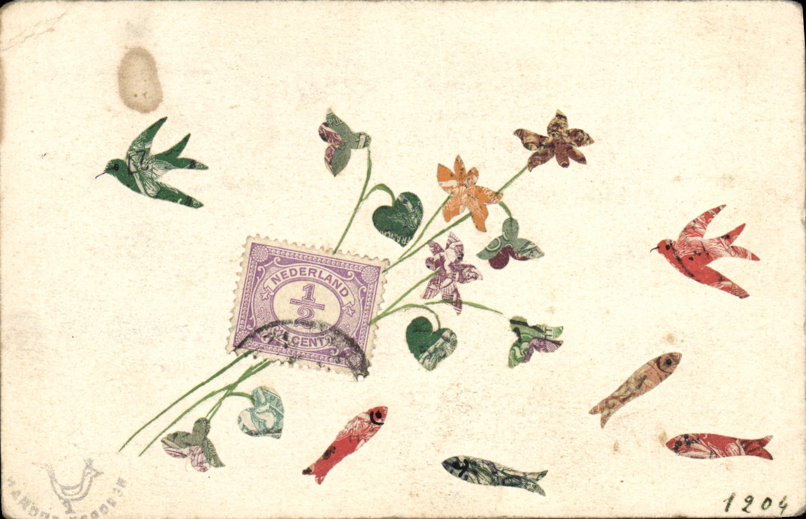 Carte postale décorative — motifs d'oiseaux, poissons et fleurs — éditeur 'CANDYER-PROBLER' n°1204