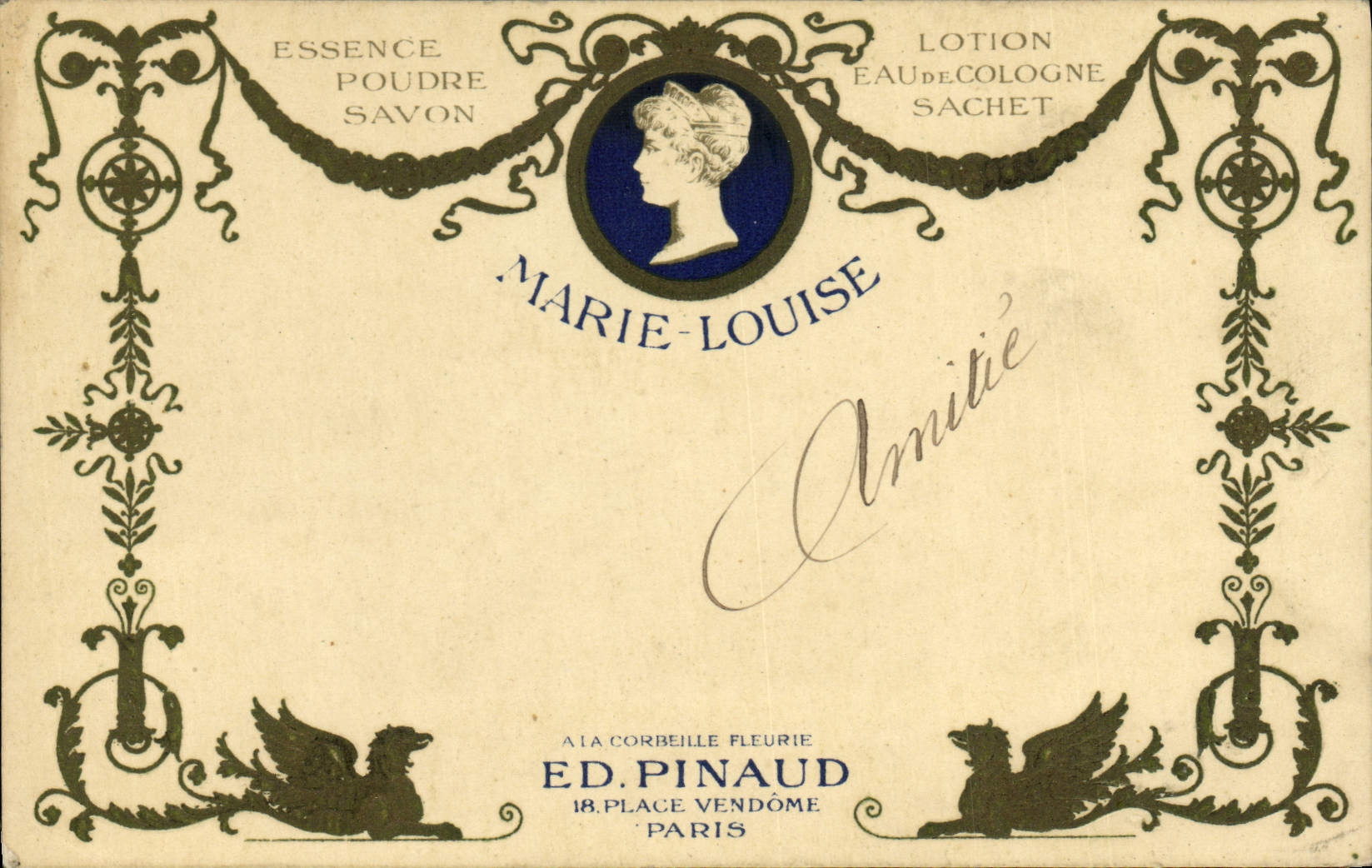 Marie-Louise — carte publicitaire pour produits de beauté — Ed. Pinaud, 18, place Vendôme, Paris