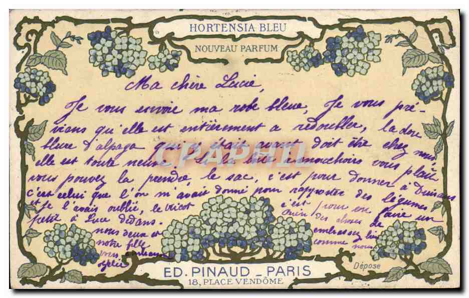 CPA Parfurmerie Parfum Hortensia Bleu Pinaud Paris Place Vendome TOP