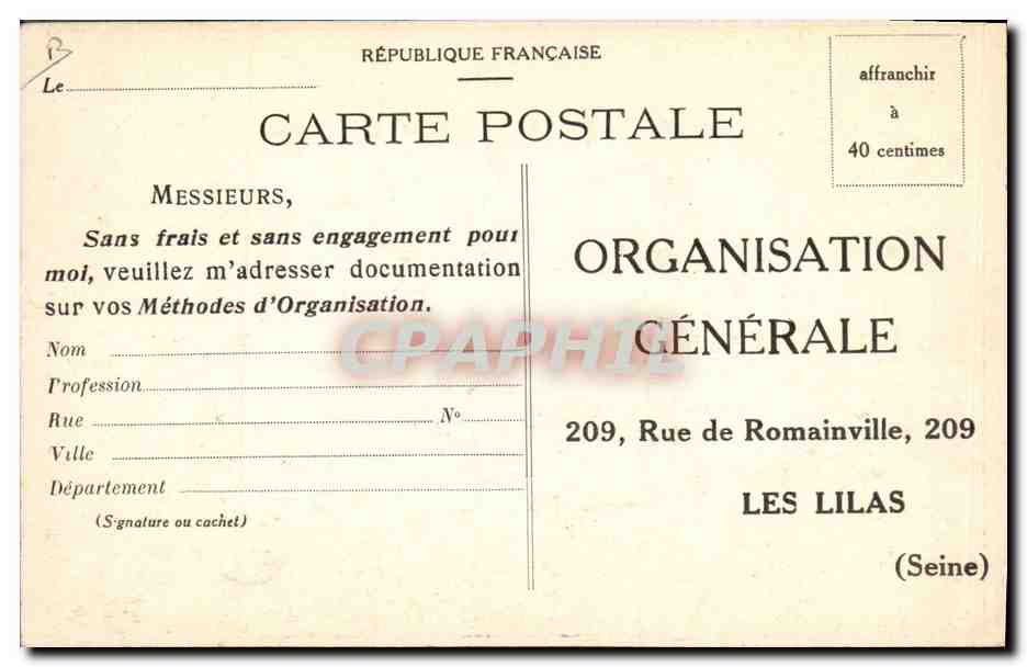 CPA Photographie Organisation generale Rue de Romainville Les Lilas — Rückseite