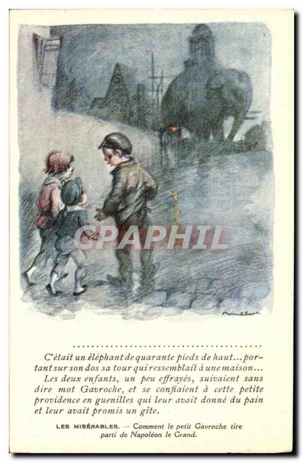 CPA Fantaisie Illustrateur Poulbot Victor Hugo Les Miserables Gavoche Elephant Napoleon