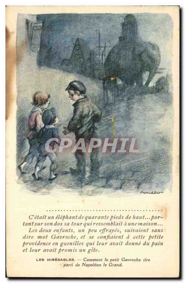 CPA Fantaisie Illustrateur Poulbot Victor Hugo Les Miserables Gavoche Elephant Napoleon