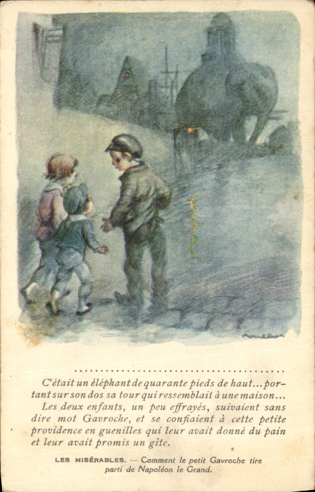CPA Fantaisie Illustrateur Poulbot Victor Hugo Les Miserables Gavoche Elephant Napoleon