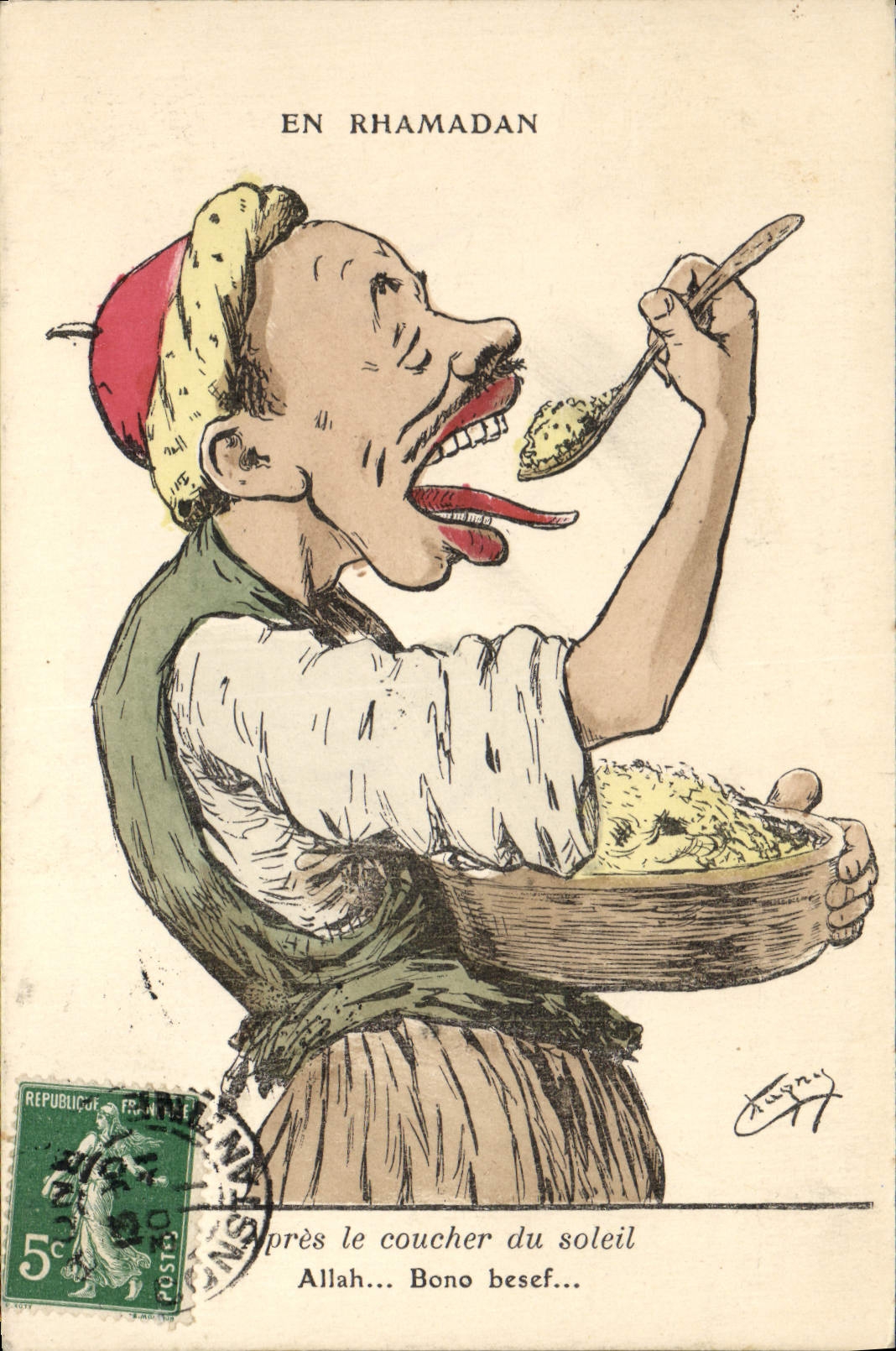 En Rhamadan — caricature d'un homme mangeant — L. Chagny, édit. 44, Rue Michelet Alger