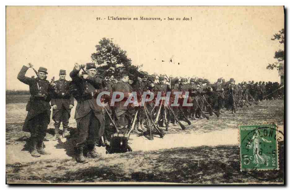 Infanterie en Manœuvre — Sac au dos ! — Librairie Milanet-Dorat, imprimeur