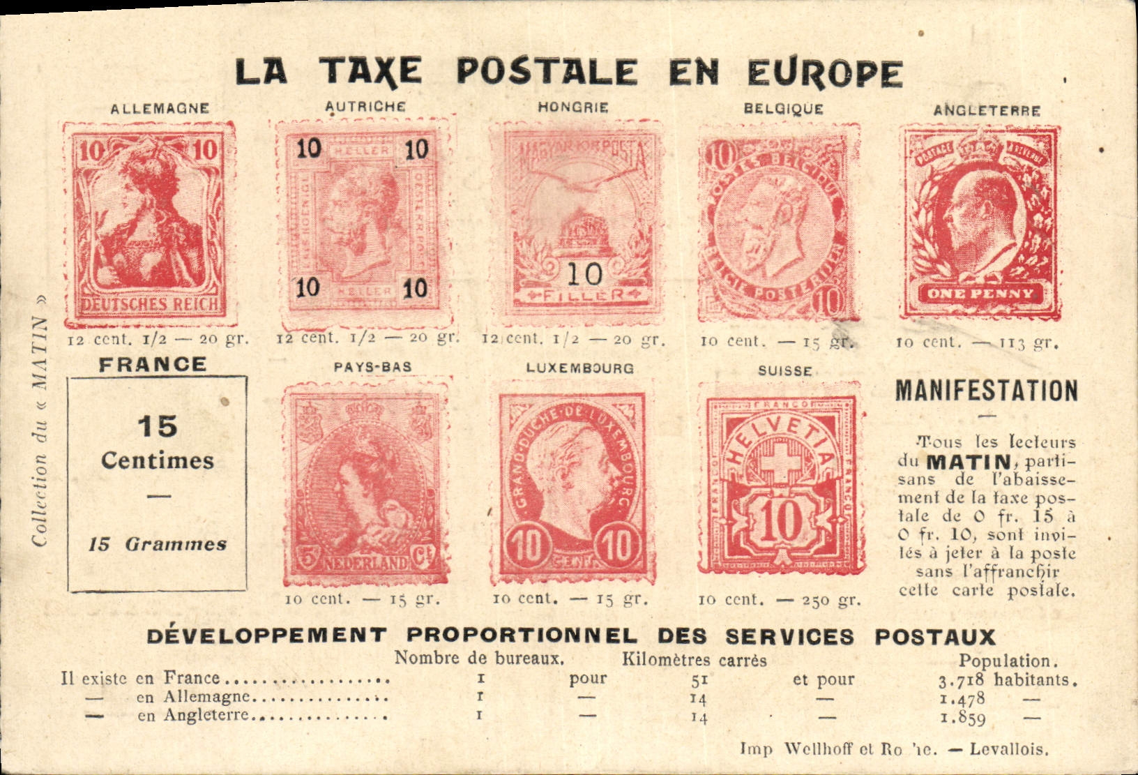 La taxe postale en Europe — Collection du « MATIN » — Imp. Wellhoff et Roële, Levallois