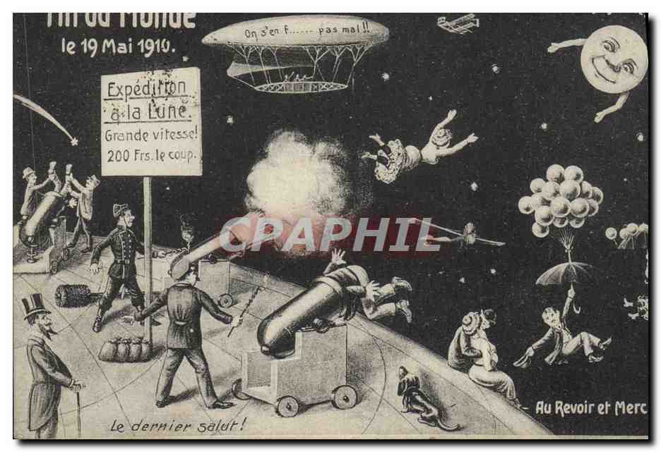 Expédition à la Lune — Caricature satirique — Timbre 5c vert, oblitération TECTMAR 10