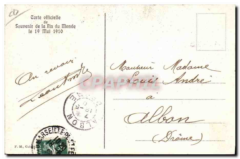 Fin du Monde — Souvenir du 19 Mai 1910 — Éditeur non visible — Verso