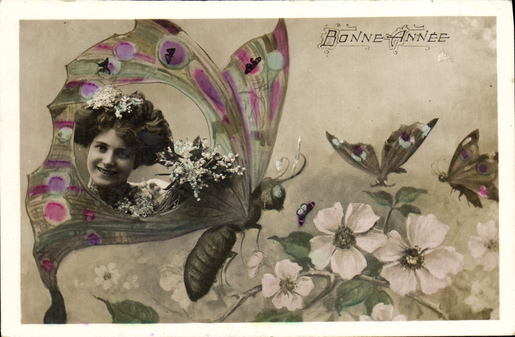 Fée aux ailes de papillon — Bonne Année — éditeur inconnu, n° de série non visible
