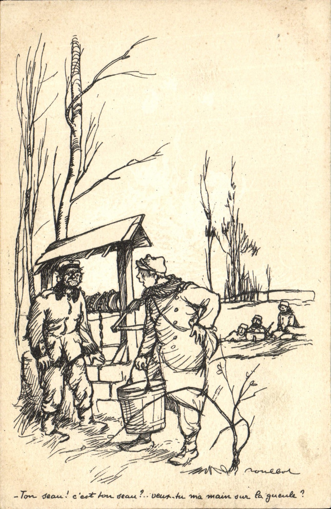 Scène de village hivernal — caricature de soldat et paysan — Poulbot n°49